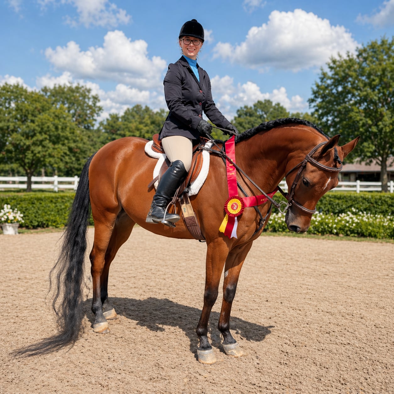 Melinda Blaine riding Fheiren at a horse show with a red ribbon